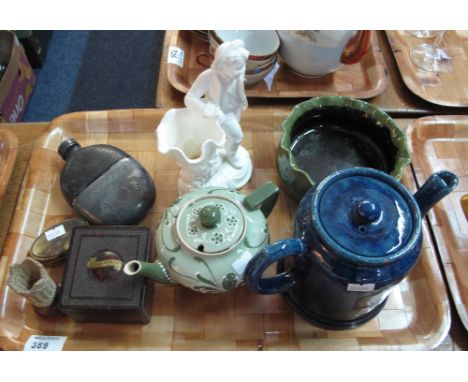 Tray of assorted items to include: Ewenny Pottery teapot marked: Claypits Pottery, Ewenny; another Ewenny Pottery frilled bow