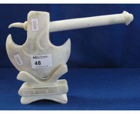 Chinese carved hardstone ceremonial axe on stand.