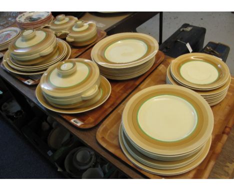 Three trays of Clarice Cliff Wilkinson England, Art Deco design, dinnerware items comprising: lidded tureens, some with ladle