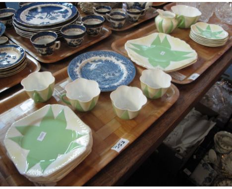 Two trays of green and white fluted 'Shelley' teaware.  Registration no. 272101, to include: four teacups; six saucers; six s