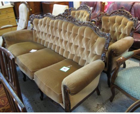 Edwardian style upholstered, show frame, button back three seater sofa together with two matching armchairs. (3)