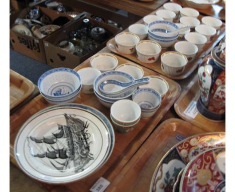 Two trays of assorted china to include: Royal Worcester 'Evesham' and other similar ramekins together with modern Chinese ric