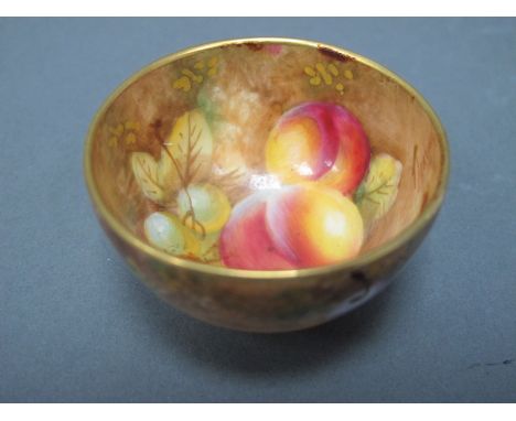 A Royal Worcester Porcelain Miniature Bowl, of circular form, painted with ripening fruit against a mossy woodland bank, sign