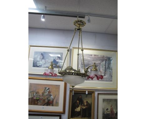 A XIX Century Style Brass Ceiling Light, with five ropetwist supports to frosted glass centre bowl and three cranberry tinted