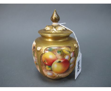 A Royal Worcester Porcelain Pot Pourri Vase and Cover, of lobed globular form, painted and indistinctly signed with ripening 