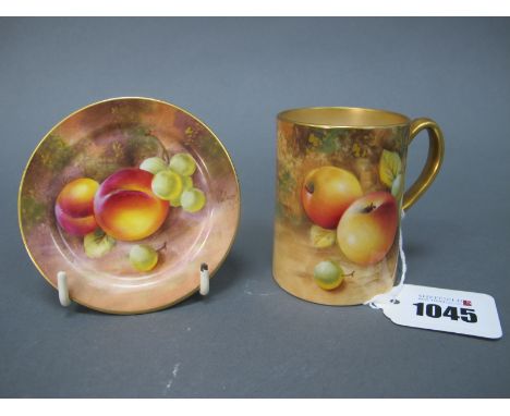 A Royal Worcester Porcelain Miniature Tapered Coffee Can, painted and indistinctly signed with ripening fruit on a mossy wood