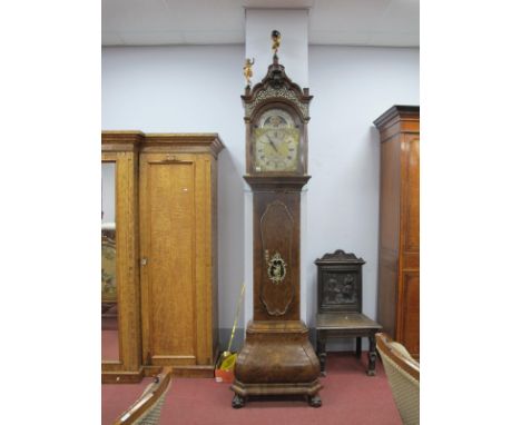 A XIX Century Paulus Bramer of Amsterdam Dutch Walnut Moonface Longcase Clock, the fretwork capped hood mounted with a figure