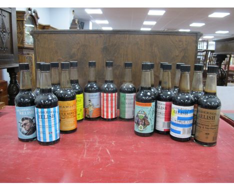 A Box of Eighteen Bottles of Henderson's Relish, including; 2002 World Cup, Richard Hawley portrait, etc. (18)