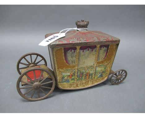 A W &amp; R Jacob and Co Ltd Biscuit Tin in the Form of a Stagecoach, the lid with crown finial, 22cm long.