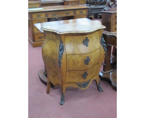 A XX Century Italian Serpentine Shaped Commode, crossbanded and with marquetry inlaid decoration to top, sides and drawers, w