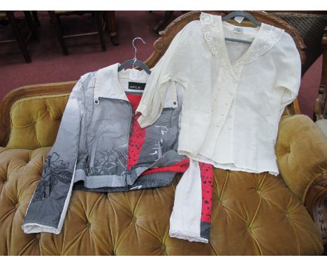 A Vintage Laura Ashley Cream Linen/Cotton Blouse, with lace collar, size 12; A Marc Cain Blouson Jacket, in a grey, cream and