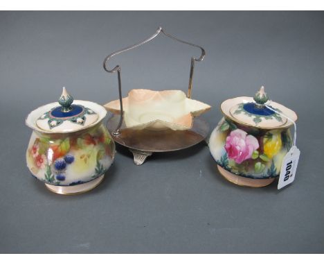 Two Porcelain Hadley Royal Worcester Pot Pourri Vases and Pierced Covers, of squat tapered form, one painted with pink and ye