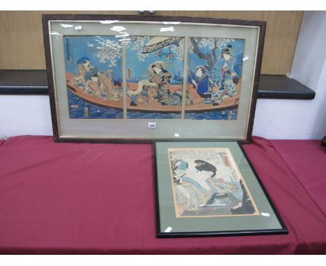 A Late XIX/Early XX Century Japanese Triptych Print, depicting ladies in a long boat, each 34 x 23cm; Another, a lady holding