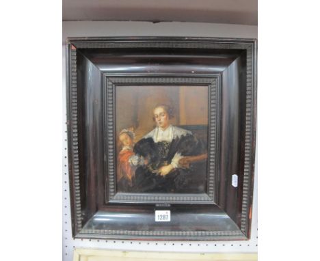 XIX CENTURY Portrait of a Lady, seated beside a girl in a panelled room, oil on board, unsigned, 22 x 19cm.