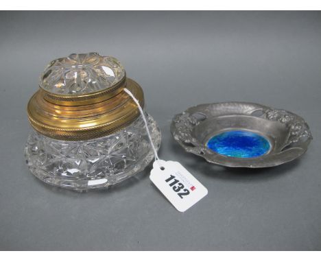 An Art Nouveau Pewter Dish, of oval form with pierced floral handles and turquoise enamel centre, 13cm long; A Heavy Victoria