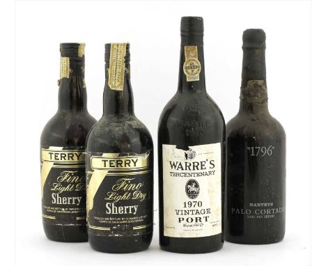 Assorted to include: Warre's, Tercentenary vintage port, 1970, one bottle; Harvey's Palo Cortado "1796" rare dry sherry , one