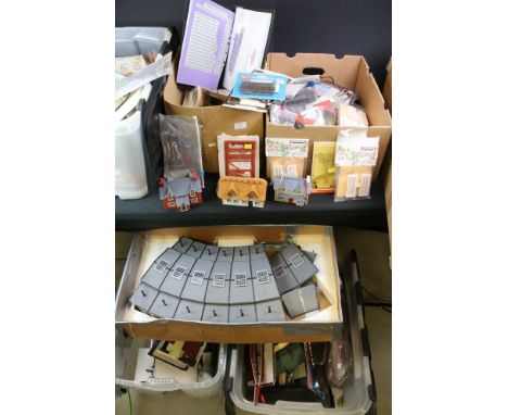 Quantity of HO / OO gauge model railway to include trackside buildings, scenery, plastic engine shed etc (7 boxes) 