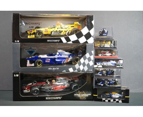 Three boxed 1/18 Paul's Model Art MiniChamps F1 diecast models to include Lewis Hamilton Vidaphone McLaren Mercedes MP4 23 Wo