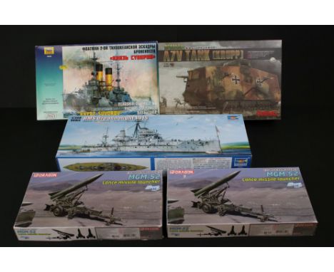 Five Boxed &amp; unbuilt plastic model kits to include Trumpeter 05329 1/350 HMS Dreadnought 1915, Meng Model TS-017 German A