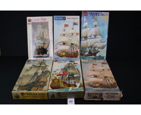 Six Boxed Airfix ship plastic model kits to include 08251-0 Revenge, F901S Royal Sovereign, 09251-3 Classic Series 9 Royal So