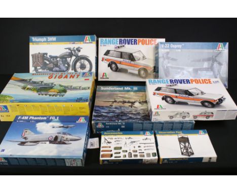 Seven Boxed &amp; unbuilt Italeri plastic model kits to include 3 x aircraft (1352 1:72 Sunderland Mk. III, 1434 1:72 F-4M Ph