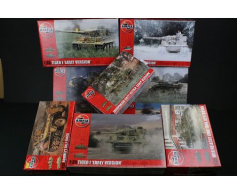 Nine Boxed &amp; unbuilt Airfix 1:35 plastic tank model kits to include A1370 M3 Grant, A1363 Tiger I 'Early Version', A1355 