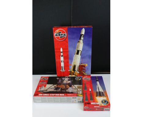 Three Boxed &amp; unbuilt Airfix space-related plastic model kits, to include Saturn V Skylab 1:144 scale A11150 - sealed, On