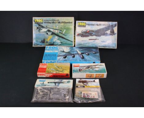 Seven Boxed / bagged &amp; unbuilt Frog plastic model kits to include F201 1:72 Heinkel He.111, F.178 Messerschmitt Me410, F2