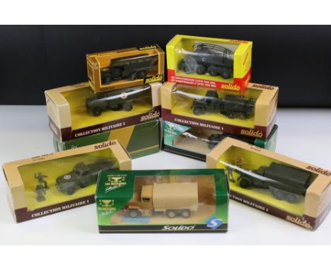Nine boxed Solido military diecast models, all variants, diecast ex, boxes gd-vg