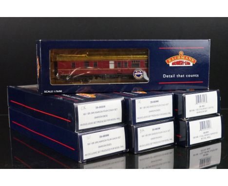 Seven boxed Bachmann Blue Riband OO gauge items of rolling stock to include 4 x 39000W Mk BR WR Maroon Four Coach Set, 39076,