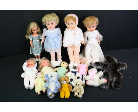 Quantity of contemporary soft toys to include Steiff bear, Charlie Bears, Merrythought etc plus 3 x plastic dolls