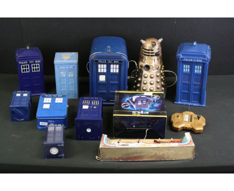 Group of boxed Doctor Who Tardis collectibles and toys to include ceramic biscuit jar, boxed Teapot etc plus a r/c Dalek and 