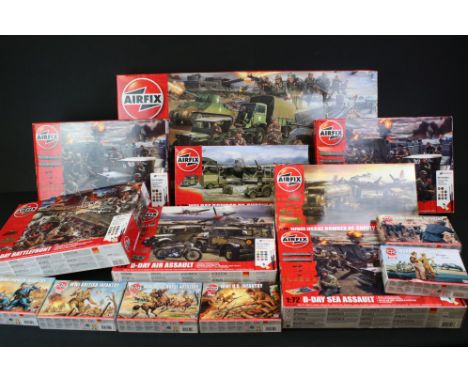 14 Boxed &amp; unbuilt Airfix military-related plastic model kits to include 8 x D-Day kits (A50162A 1:76 D-Day Operation Ove