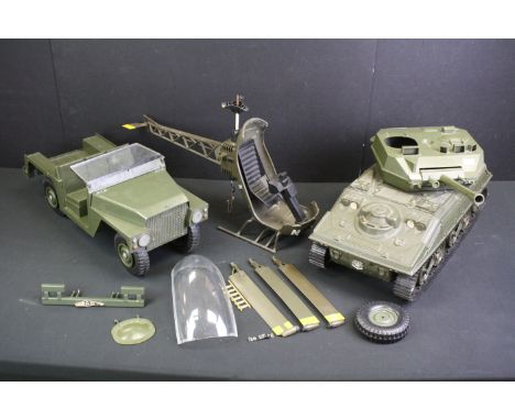 Three original Action Man vehicles, to include tank, jeep &amp; helicopter 