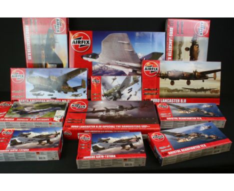 12 Boxed &amp; unbuilt Airfix 1:72 plastic model plane kits to include A12011 Avro Vulcan (tear to box), A50185 Douglas A-4B 