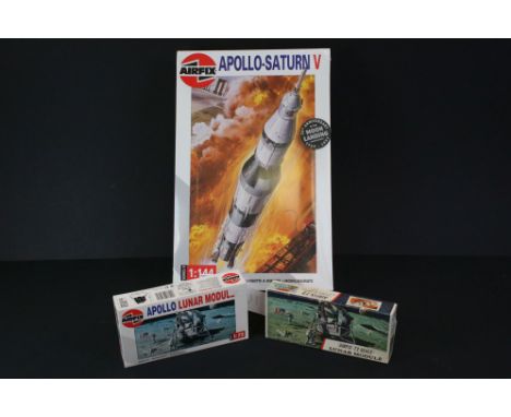 Three Boxed &amp; unbuilt Airfix plastic model kits to include Apollo-Saturn V Series 9 1:144 09170 25th anniversary set, mad