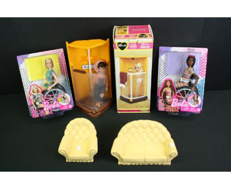 Two boxed Mattel Barbie dolls in wheelchairs to include no. 165 &amp; 166 plus a boxed Pedigree Sindy Shower and an unboxed S