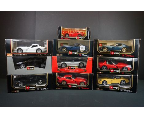 Seven boxed Burago 1/18 diecast Dodge Viper models to include 3030, 2 x 3065, 3075, 3025, 303 &amp; 34908 plus a boxed Maisto