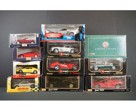 11 Boxed Diecast models to include 5 x Maisto (Special edn 1:18 Jaguar XJ 220, Special edn Lamborghini Diablo 1:18, 1:24 Buga