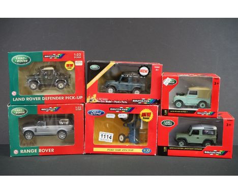 Six Boxed Britains 1:32 diecast models to include 42848 Land Rover Series 1, 40603 Range Rover, 43110A1 Heritage Edition Land