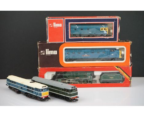 Three boxed OO gauge locomotives to include Hornby R154 SR Loco Sir Dinadan and 2 x Lima and 2 unboxed locos featuring Triang