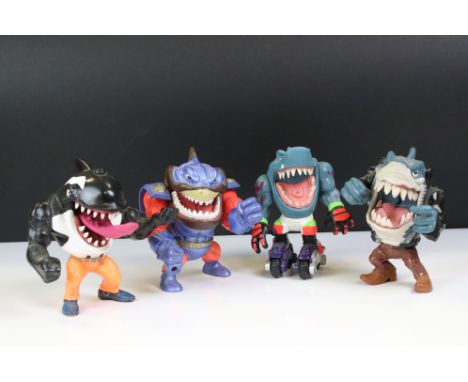 Four play worn Mattel Street Sharks to include Moby Lick, Pool Shark Ripster, Super Slammu &amp; Moto Steex 