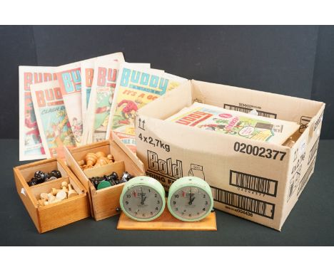 Two boxed sets of chess pieces, a Chess clock and a group of vintage Buddy magazines 