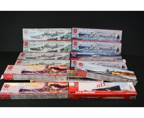 13 Boxed &amp; unbuilt Airfix 1:600 plastic model ship kits, to include 11 x Vintage Classics (3 x A04208V HMS Ark Royal, A04