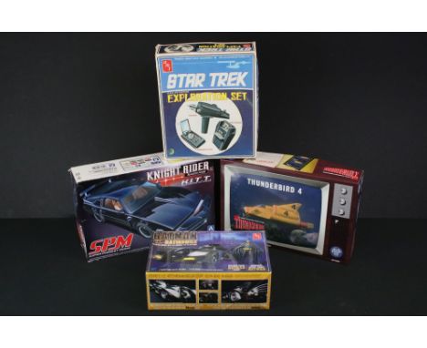 Four Boxed &amp; unbuilt TV-related plastic model kits to include 2 x AMT model kits (S958 Star Trek Exploration Set, AMT1107