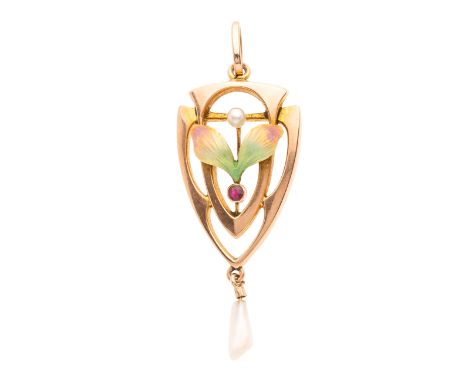 An Art Nouveau 9ct gold ruby, seed pearl and enamel foliate pendant, suspending a pearl drop, stamped 9ct, 4.7cm, 2.5gConditi