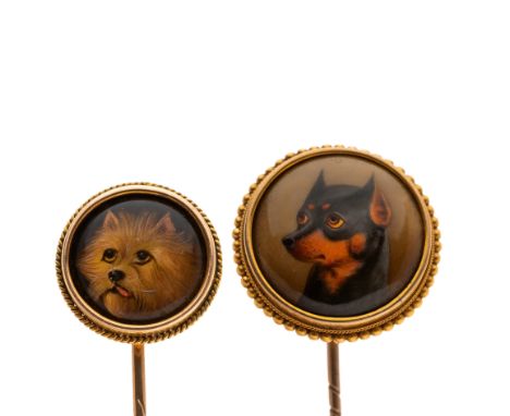 Two mid Victorian gold and enamel dog stickpins, depicting terriers, one signed W. B. Ford 1868, the other signed W. Essex 18
