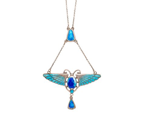 Charles Horner, an Art Nouveau silver and blue enamel winged scarab necklace, maker's mark for Charles Horner, hallmarks for 