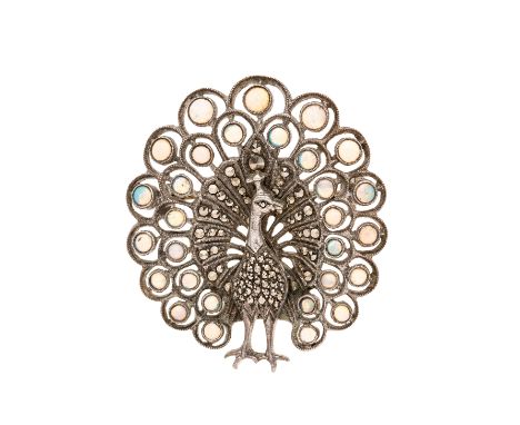 Theodor Fahrner, a mid 20th century silver, opal cabochon and marcasite novelty brooch, designed as a peacock, maker's mark f