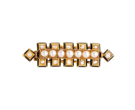 A late Victorian gold, old-cut diamond, split pearl and black enamel mourning brooch, estimated total diamond weight 0.60ct, 